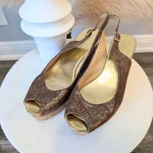 Jimmy Choo Gold and Brown Wedge Slingbacks